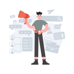A man stands in full growth holding a loudspeaker and binoculars. HR theme. Element for presentations, sites.