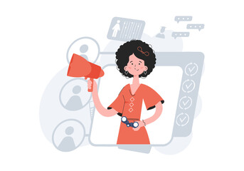 A woman stands waist-deep with binoculars. HR concept. Element for presentations, sites.