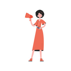 A woman stands in full growth with binoculars. Isolated. Element for presentations, sites.