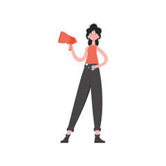 A woman stands in full growth holding a loudspeaker and binoculars. Isolated. Element for presentations, sites.