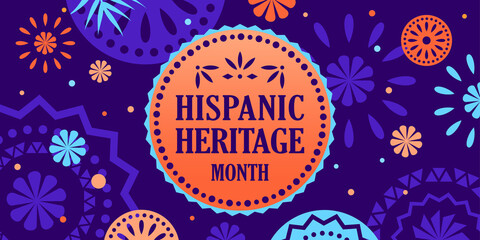 Hispanic heritage month. Vector web banner, poster, card for social media, networks. Greeting with national Hispanic heritage month text, Papel Picado pattern background