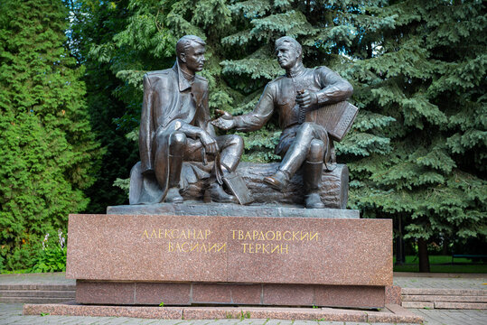 SMOLENSK, RUSSIA - JULY 05, 2021: Monument to Alexander Tvardovsky and Vasily Terkin on a July afternoon