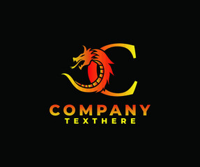 letter C logo icon with dragon design vector-fire color black background