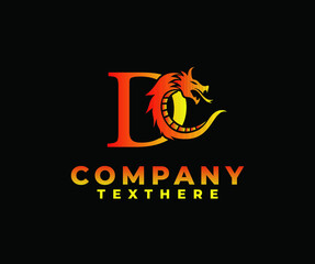 letter D logo icon with dragon design vector-fire color black background