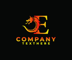 letter E logo icon with dragon design vector-fire color black background