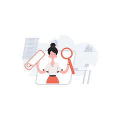 A woman stands waist-deep and holds a magnifying glass in her hands. Search. Element for presentations, sites.