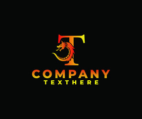letter T logo icon with dragon design vector-fire color black background