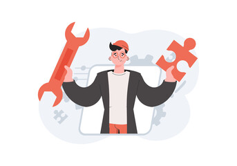 A man stands waist-deep and holds a wrench in his hands. Tech support. Element for presentations, sites.