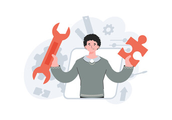 A man stands waist-deep with a puzzle in his hands. Tech support. Element for presentations, sites.