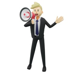 announcement concept. Full length of businessman is using megaphone.3d rendering cartoon illustration.