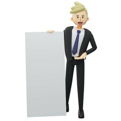 full length businessman holding blank sign,showing blank signboard.3d rendering cartoon illustration.