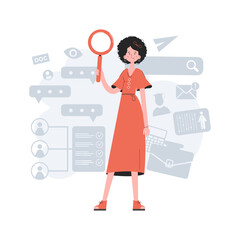 A stylish girl stands in full growth and holds a magnifying glass in her hands. HR. Element for presentations, websites.