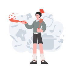 A man stands in full growth holding a frying pan. Cafe. Element for presentations, sites.