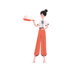 A woman stands in full growth holding a frying pan. Isolated. Element for presentations, sites.