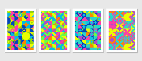 Set of colorful abstract geometric shapes Bauhaus inspired pattern postern banner design