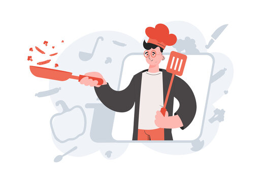 chef cooking with red pan and spatula clip art preview