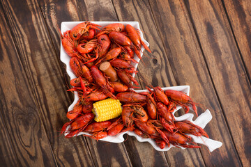 Boiled Crawfish on a Wood Background