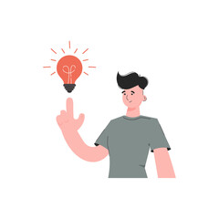 A man stands waist-deep with a light bulb. Isolated. Element for presentations, sites.