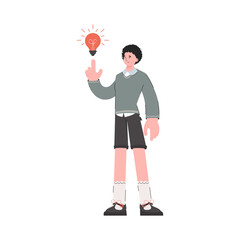 A man stands in full growth with a light bulb. Isolated. Element for presentations, sites.