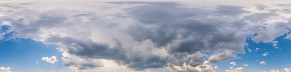 Blue sunset sky panorama with puffy Cumulus clouds. Seamless hdr pano in spherical equirectangular format. Complete zenith for 3D visualization, game and sky replacement for aerial drone 360 panoramas