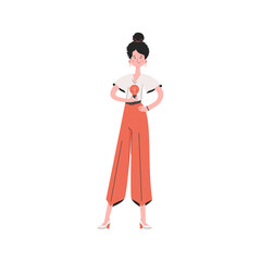 A woman stands in full growth with a light bulb. Isolated. Element for presentations, sites.