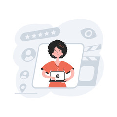 A woman stands up to her waist turns on the video on a laptop. Video presentation. Element for presentations, sites.