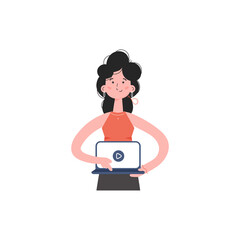 A woman stands up to her waist turns on the video on a laptop. Isolated. Element for presentations, sites.