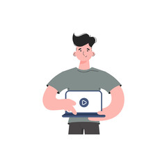 A man stands waist-deep turns on the video on a laptop. Isolated. Element for presentations, sites.