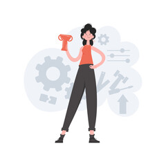A woman stands in full growth with a raised goblet. Victory. Element for presentations, sites.