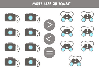 More, less, equal with photo camera and binoculars.