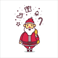 Santa claus cute character with gifts and bag flat illustration