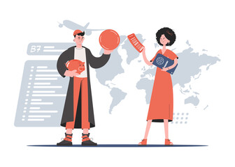A man and a woman are standing in full growth holding a piggy bank with a coin and a passport with a boarding pass in their hands. Savings. Element for presentations, sites.