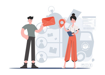 A man and a woman are standing in full growth with a letter and a navigation sign. Delivery. Element for presentations, sites.