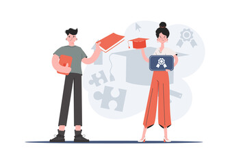 A man and a woman stand in full growth with a diploma. Education. Element for presentations, sites.