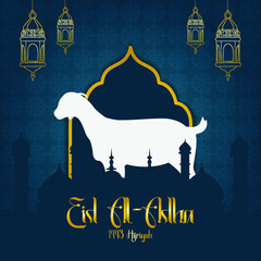 Eid al-Adha greetings with a mosque background and Islamic pattern.
