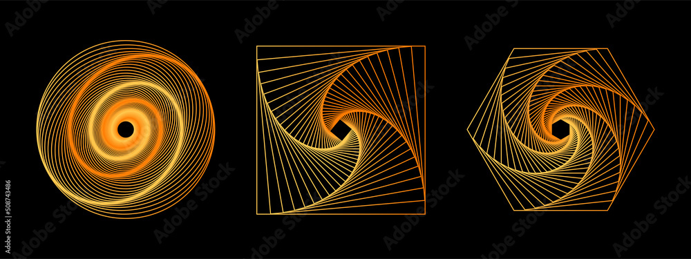 Poster set of 3d twisted gold gradient spirals. geometry tunnel with lines. abstract technology circle, squ