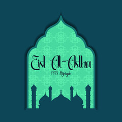 Eid al-Adha greetings with a mosque background and Islamic pattern.