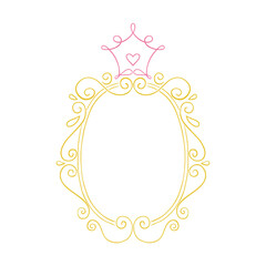 Princess frame. Royal mirror frame and majestic prince doodle border. Cute crown border. Outline vector illustration. 