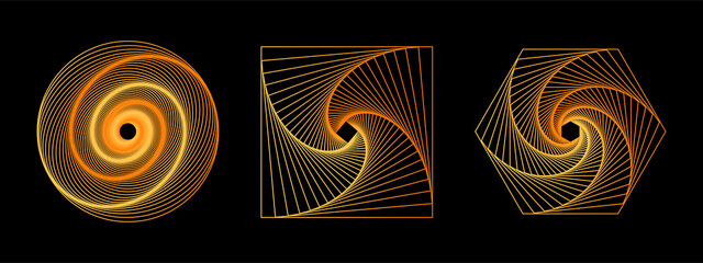 Set of 3D twisted gold gradient spirals. Geometry tunnel with lines. Abstract technology circle, square and heptagon. Vector illustration.