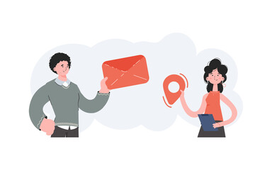 A man and a woman stand with a belt and hold a geolocation and an envelope. Communications. Element for presentations, sites.