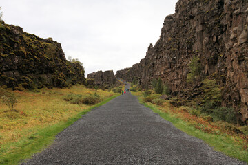 landscape of the Thingvellir national park in Iceland. The place where North American and Eurasian tectonic plates meet.