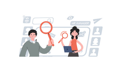 A man and a woman stand with a belt and hold a magnifying glass in their hands. Search Element for presentations, sites.