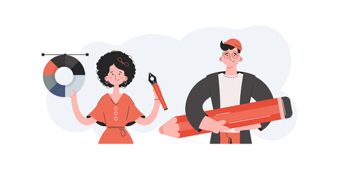 A man and a woman stand with a belt and a pen tool. Design. Element for presentations, sites.