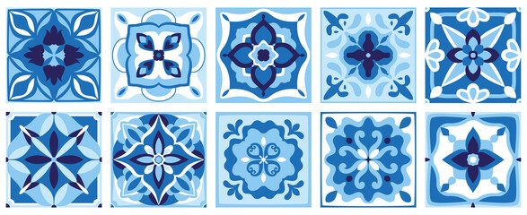 Ceramic tiles set in blue cobalt colors. Azulejo, Spanish pattern, Patchwork floral ornaments, Portuguese background. Majolica, decorative pottery design, vector illustration.