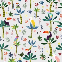 Cute bird in botanical tropical forest seamless pattern