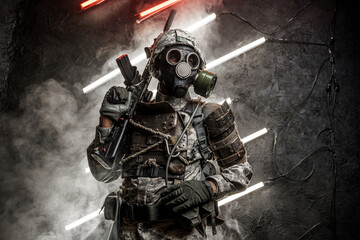 Artwork of soldier dressed in camouflage clothes and gas mask holding rifle on his shoulder.