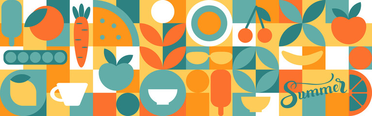 Food - set of geometric shapes, circles and squares drawn in flat cartoon vector. Fruits and vegetables in the modern trendy style of the 70s - apple, orange, lemon, cherry and peas.