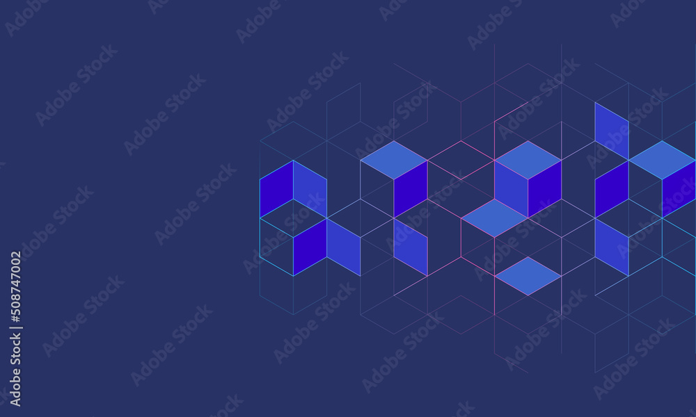 Poster the graphic design element and abstract geometric background with isometric digital blocks. blockcha