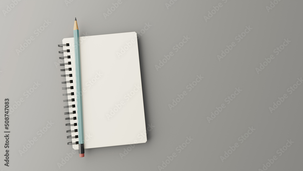 Poster note and pencil with gray background, 3d rendering