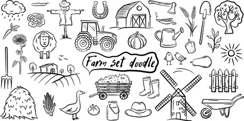 Farm vector doodle collection isolated on white background. Various types - dairy, poultry, meat, fruits, vegetables, plantation, agricultural buildings, animals and poultry, vehicles and equipme